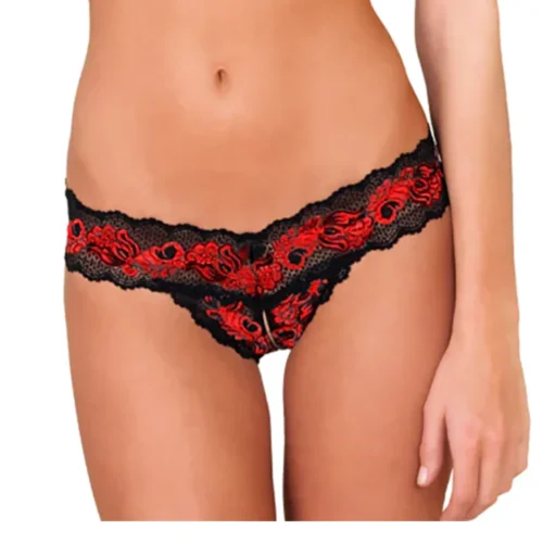 Crotchless Lace V Thong Red