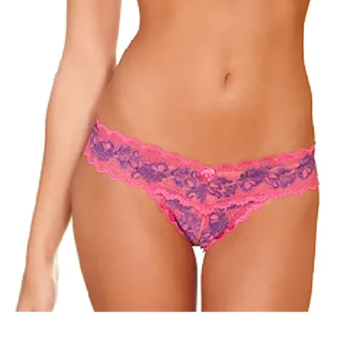 Crotchless Lace V Thong Pink